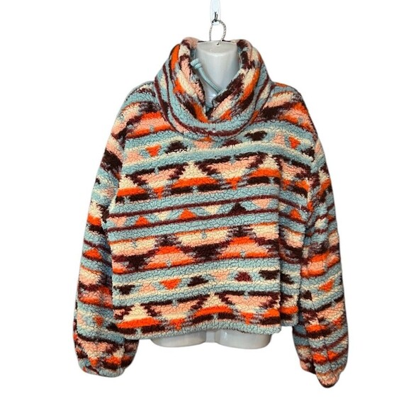 Wild Fable Women's Size Medium Aztec Cowl Neck Sherpa Pullover Faux Fur Sweater - Picture 1 of 4